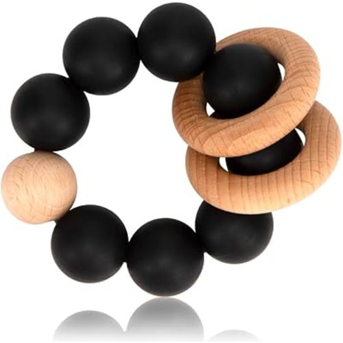Silicone Baby Teether, Food Grade Silicone & Beech Baby Teething Toy, BPA Free (Jet Black)