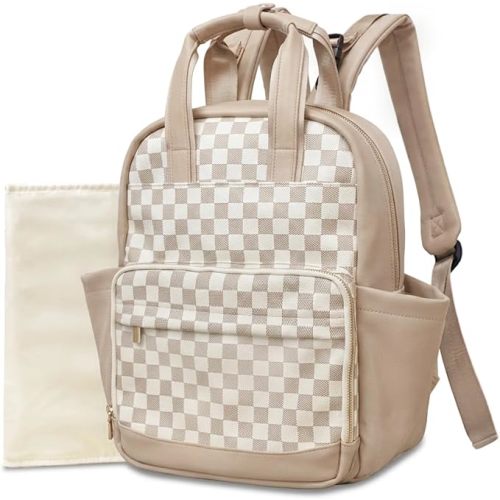 miss fong Small Diaper Bag - Baby Diaper Bag Backpack Checkered Diaper Bag with Changing Pad Baby Backpack for Travel Daycare Mommy Diaper Backpack for Mom & Dad-White&Beige