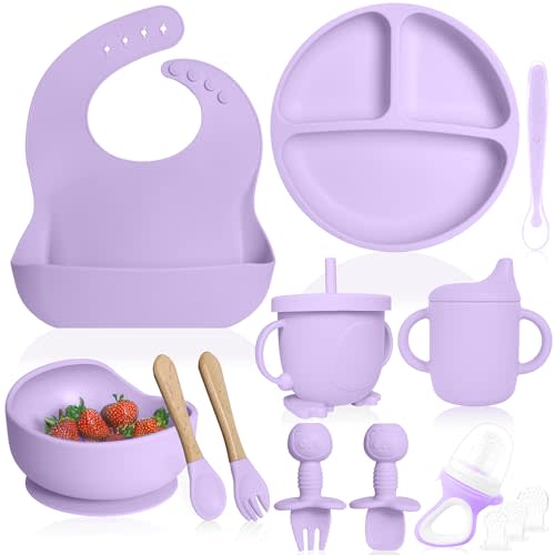 Bluet B- Silicone Baby Feeding Set with Pacifier - Baby Led Weaning Supplies - Baby Spoons, Suction Bowl - Plate - Baby Utensils Set - Silicone Feeding Set for Baby First Foods - 11pcs - Purple