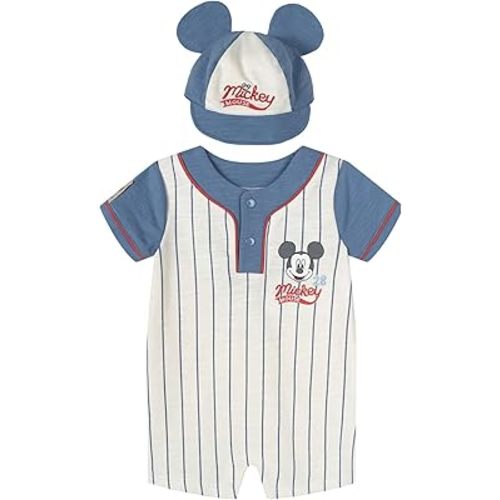 Disney Mickey Mouse Baby French Terry Baseball Romper and Hat Athletic Outfit Set Newborn to Infant Sizes (0-24 Months)