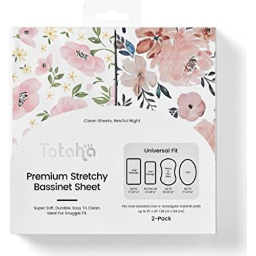 TotAha Premium Stretchy Bassinet Sheets for Baby Girl, Silky Comfort Cradle Sheets Fitted 18 x 36 for Oval, Rectangular, Hourglass Mattress, Hypoallergenic, Buttery Soft 2-Pack (Floral & Pale Pink)