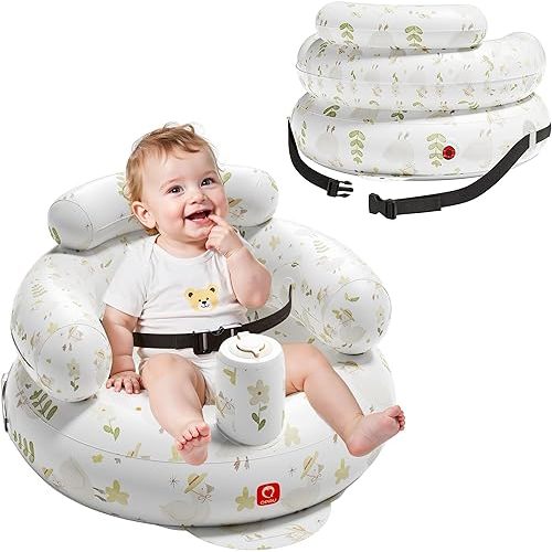 QPAU Inflatable Baby Seat with Safety Harness, Baby Chair for Sitting Up (3-9 Months), Portable Blow Up Babies Chair with Built-in Pump (Flowers)
