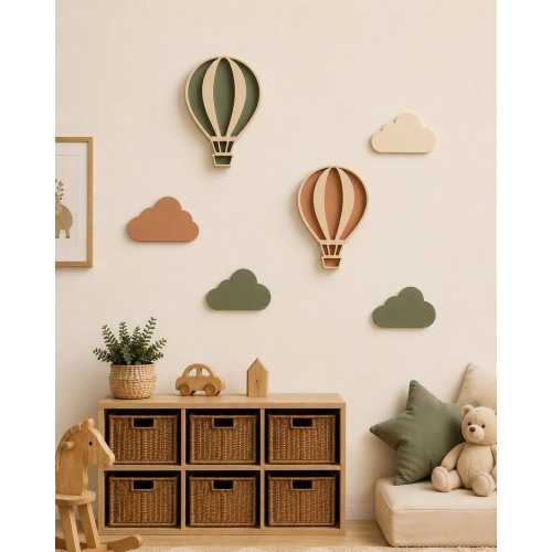 Wooden Hot Air Balloon Cloud Wall Decor, Sage Boho Nursery Scandinavian Kids Room