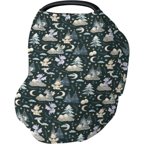 Fairytale Dragons Car Seat Cover for Babies Cute Dragon Moon Stars Clouds Trees Eggs Stretchy 5-in-1 Cover Adjustable Car Canopy Breastfeeding Cover Fantasy Animal Breathable Nursing Cover-Up