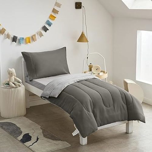 UOZZI BEDDING 4 Pieces Toddler Bedding Set Ultra Soft and Breathable Toddler Sheet Set - Includes Comforter, Flat Sheet, Fitted Sheet and Pillowcase - Dark Gray & Gray