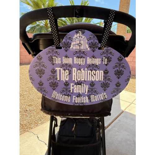 Personalized Purple Haunted Mansion Acrylic Family Name Stroller Sign, Foolish Mortals Sign for Stroller, ID Tag Disney, Doom Buggy Sign