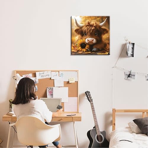 Cute Highland Cow Baby Canvas Wall Art Rustic Farmhouse Sunflower Wall Decor Picture Baby Cow Poster Print for Bedroom Bathroom Home Decoration 12x12in