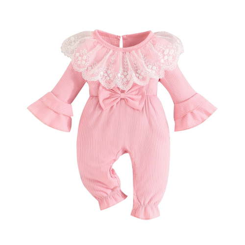 Timegard Baby Clothes for Girls Newborn Onesie Ruffle Lace Cute Rompers Bow Tie Infant Solid Color
