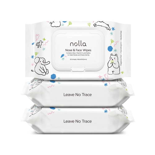 Nolla Nose and Face Wipes for Babies & Kids with Saline, Vitamin E, & Aloe, Unscented, Compostable, 90 Count (3 Packs of 30)