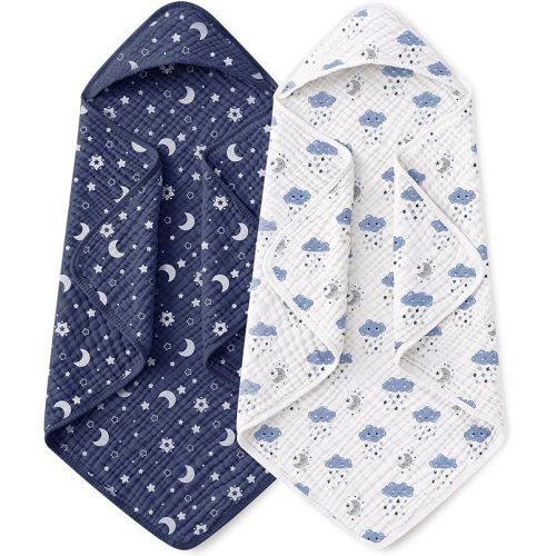 Yoofoss Hooded Baby Towels for Newborn 2 Pack 100% Muslin Organic Cotton Baby Bath Towel with Hood for Babies, Infant, Toddler and Kids, 32x32Inch, Soft and Absorbent Newborn Essential, Blue Clouds