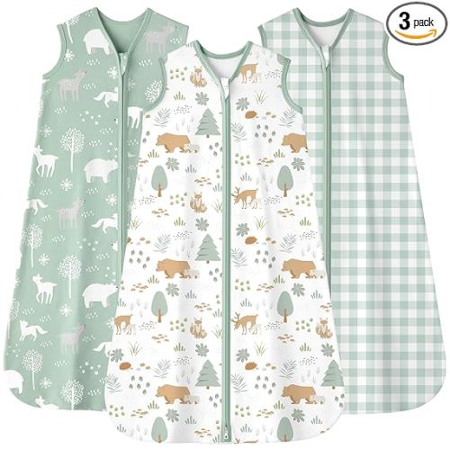 Baby Sleep Sack 0-6 months, 100% Cotton Sleeping Sack for Newborn and Infant, 3 Pack Baby Wearable Blanket, 0.5 Tog Lightweight Double Zipper Sleep Bag Small Green Forest Bear