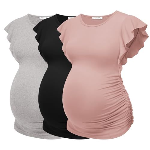Ekouaer Women's Maternity Shirts 3 Packs Flying Short Sleeve Pregnancy Tops Side Ruched Tunic Blouse Mama Clothes S-XXL