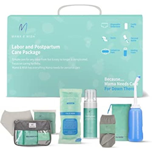 Mama & Wish® Postpartum Essentials Kit – Labor and Delivery Essentials for Moms After Birth – Postpartum Recovery Kit Includes Peri Bottle, Witch Hazel, Comfy Garments & More