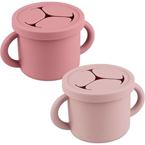 Snack Containers for Toddlers, Kids - 2 Pack Food Grade Silicone Snack Cups with Grip Handle (Blush/Mauve)