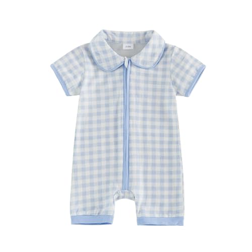 BULINGNA Newborn Summer Clothes Baby Boy Girl Coming Home Outfit Short Sleeve Plaid Short Jumpsuit Zip Up Romper