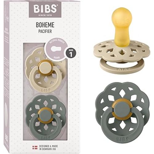 BIBS Pacifiers 0-6 Months | Boheme Collection 2-Pack | BPA-Free Round Nipple | Made in Denmark | Vanilla/Pine Color Pacifier