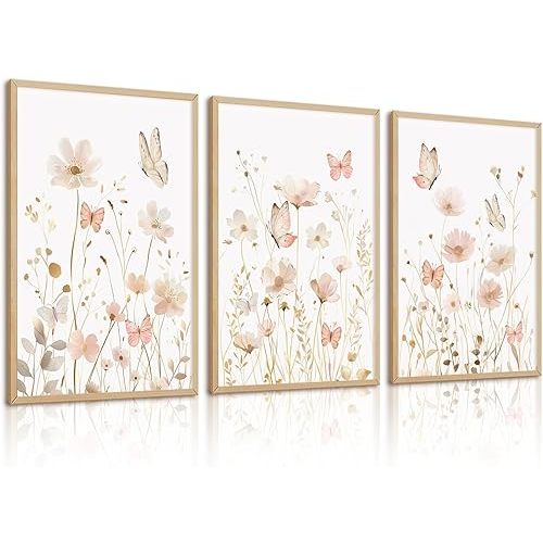 Pink Floral Wall Art Vintage Nursery Wildflower Canvas Wall Decor Watercolor Flower Prints Pink Boho Botanical Poster Butterfly Pictures Gold Beige Floral Painting for Bedroom 12x16 Inch Unframed 3pcs