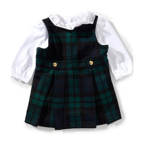 Ralph Lauren Baby Girls Sleeveless Plaid Ponte Jumper Dress & Puffed-Sleeve Interlock Bodysuit Set