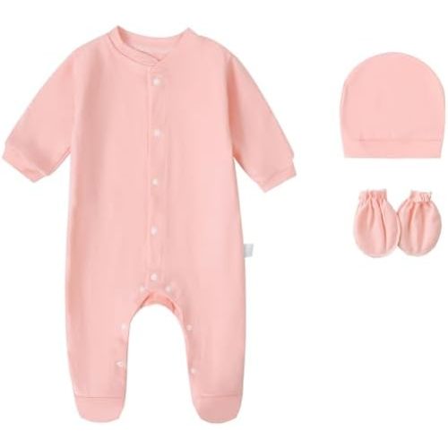 Baby Rompers 0~3 to 3-6 Months 100% Cotton Footies 3PCS Jumpsuit with Solid Hats Mittens Gloves