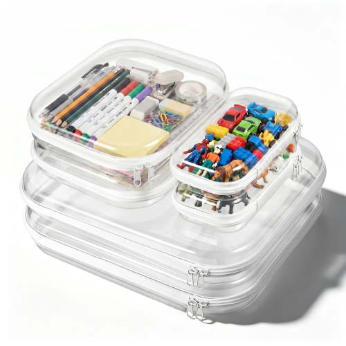 6 Pack Clear Hard Shell Zipper Case Set, 1.2mm Heavy Duty Crush-Resistant Organizer Pouches, Travel Storage Bags for Toiletries, Cables and Daily Essentials, 2L 2M 2S