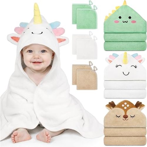 9 PCS Baby Bath Towels for Infants Toddlers, 3 PCS Animal Hooded Baby Towels & 6 PCS Washcloths Set, Ultra Absorbent Soft Cute Newborn Bath Essentials Gifts for Boys & Girls