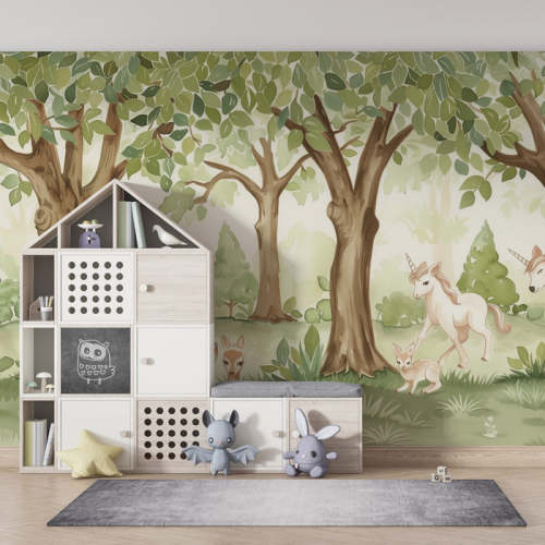 Nursery room wallpaper | Enchanted forest with fawns and majestic unic — Kids Wall