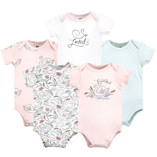 Hudson Baby Infant Girls Cotton Bodysuits 5-Pack, Swan, 3-6 Months