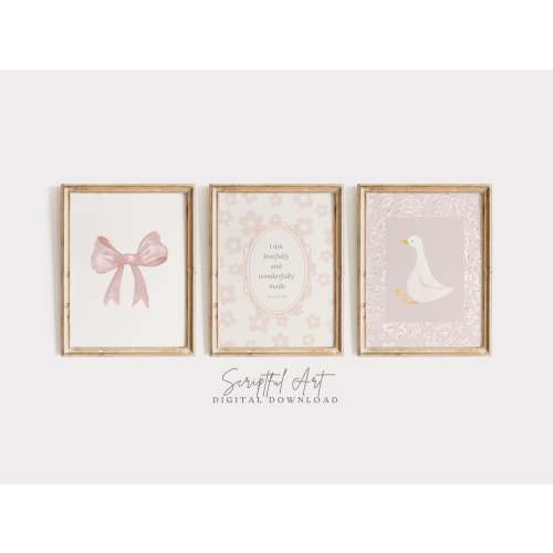 Christian Nursery Wall Art set of 3, Pink Bible Verse Posters, Girls Room Decor, Cute Bow, Silly Goose, Floral Bible Print, Digital Download
