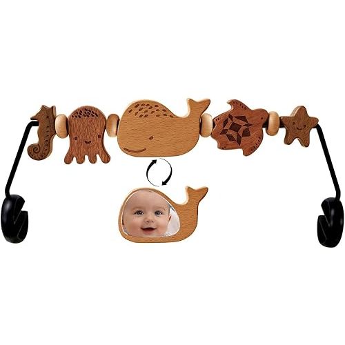 Baby Bouncer Toy Bar Wooden with Mirror, Sea Animals