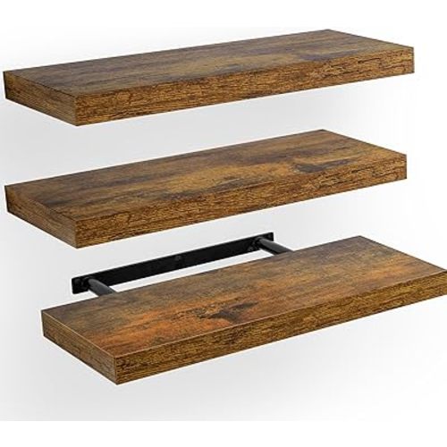 AMADA HOMEFURNISHING Floating Shelves, Wall Shelves for Bathroom/Living Room/Bedroom/Kitchen Decor, Decor Shelf with Invisible Brackets Set of 3, Rustic Brown - AMFS07V