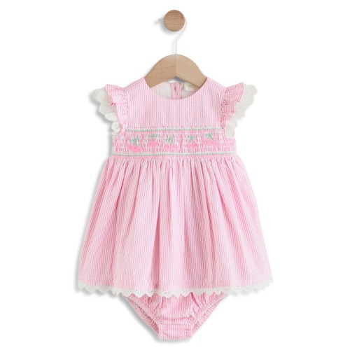 Stripe Cherry Embroidered Frill Dress & Bloomers Set