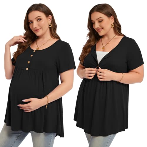 MONNURO Women's Plus Size Maternity Nursing Tops Short Sleeve Loose Fit Casual Tunics Breastfeeding Clothes