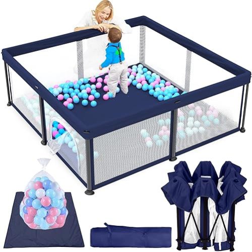 TOREVSIOR Foldable Baby Playpen with Mat, 50"×50" Collapsible Play Pen for Babies and Toddlers, Indoor & Outdoor Kids Safety Play Pen, Portable Play Yard, Foldable Baby Playpen with 50 Ocean Balls