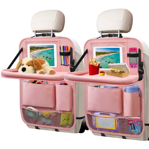 PALYTTE Car Backseat Organizer with Table Tray Storage Pockets Protector Organizer with Touch Screen Tablet Holder, Back Seat Cover for Kids PALYTTE Family Road Trip Travel (Pink) Pack of 2