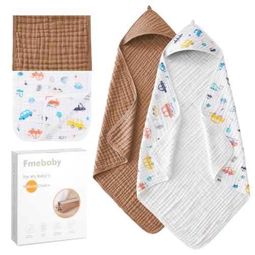 Fmebaby Hooded Baby Towels for Newborn, 2 Pack 36x36Inch Muslin Cotton Baby Bath Towel and 2 Pack 12x12Inch Washcloth Set with Hood for Babies, Toddler and Kids, Essentials Must Haves (Coffee and Car)