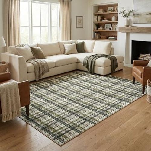 Modern Plaid Area Rug 5x7 Washable Rugs for Living Room Non Slip Low Pile Non-Shedding Carpet Soft Thin Neutral Indoor Foldable Checkered Rugs for Bedroom Nursery Office Dorm Green Taupe