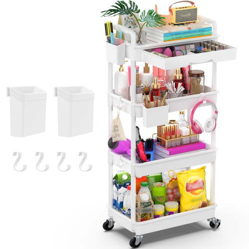 Yeabett 4 Tier Rolling Utility Cart Organizer with Removable Drawer, Mobile Storage Carts with 2 Lockable Wheels for Bathroom, Kitchen, Snack, Craft, Makeup, Baby Essentials, White