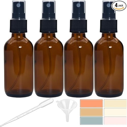 4 PACK 2 oz Amber Small Glass Spray Bottles, Empty Spray Bottle for Hair, Plants, Perfume - Fine Mist, 2oz Mini Spray Bottle