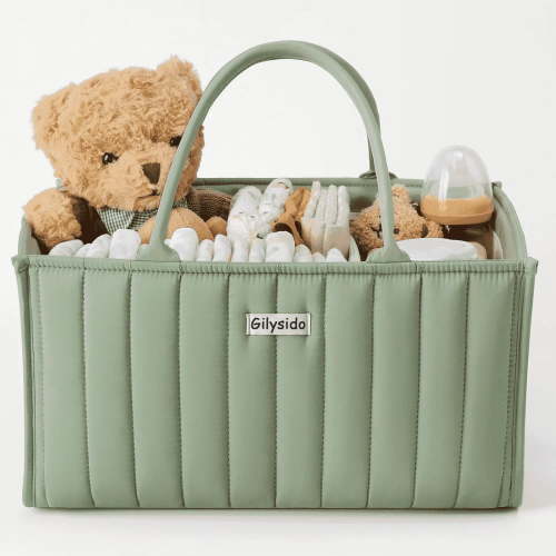 GrowAlong Cotton Diaper Caddy Organizer, Portable Baby Basket, Nursery Storage, Green