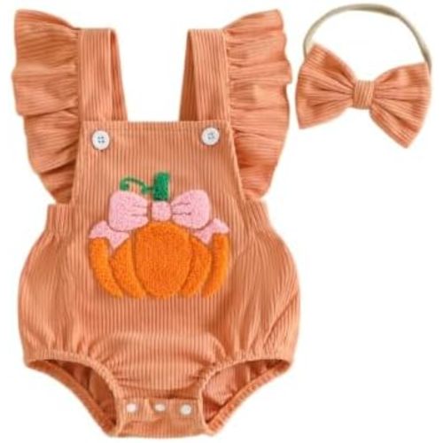 Newborn Baby Girl Halloween Outfit Pumpkin Corduroy Bubble Romper Clothes
