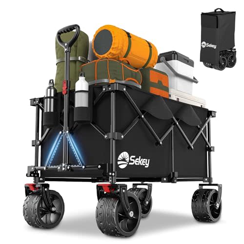 Sekey 220L Collapsible Foldable Wagon with 330lbs Weight Capacity, Heavy Duty Folding Utility Garden Cart with Big All-Terrain Beach Wheels & Drink Holders. Black