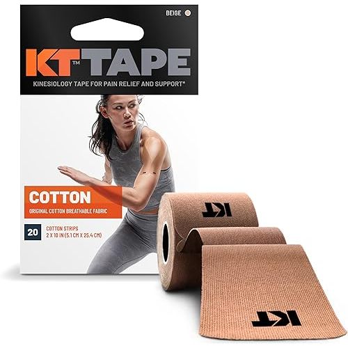KT Tape, Original Cotton, Elastic Kinesiology Tape, Everyday Muscle and Joint Support, Daily Pain Relief, 20 Count, 10” Precut Strips, Beige