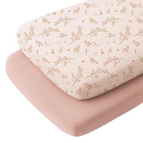 Konssy Muslin Fitted Bassinet Sheets 2 Pack for Baby Girl Boy, Soft Bedside Sleeper Bassinet Sheets Fit for Baby Bassinets, Moses Basket Oval Rectangle Pad/Mattress