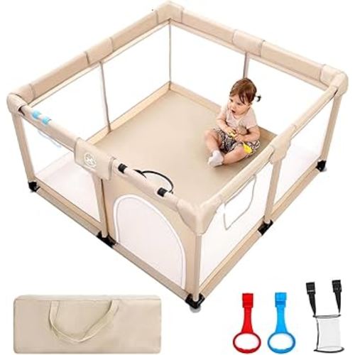 Baby Playpen, (50x50x27 IN) Large Playpen for Babies and Toddlers, Safety Play Yard for Infant, Indoor & Outdoor Play Pen, Baby Fence with Soft Breathable Mesh, Parc pour Bébé with Hand Rings