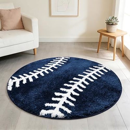 31.5 Inch Round Baseball Rug Navy Blue Sports Carpet with Non-Slip TPR Backing Soft Washable Area Rug for Boys Bedroom Living Room Playroom Room Decor Gifts for Baseball Lovers Sports Team Fans