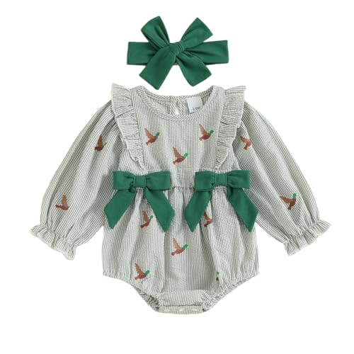 Baby Girl Duck Outfits Bow Ruffle Romper | Long Sleeve Bubble Bodysuit with Headband Set, Newborn Fall Clothes, Suit for Hunting/Casual Wear