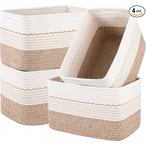 OIASKET 4 Pack Storage Baskets for Organizing, 13"X9"X7.87", Decorative Cotton Rope Baskets for Shelves, Small Woven Basket for Toys, Books and Towels, Brown & White