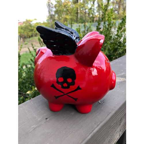 Red and Black Ceramic Skull Flying Pig Piggy Bank Punk Goth Baby handmade hand made pottery gothic decor