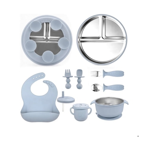 Silicone Baby Feeding Set, Baby Bowls with Suction, Toddler Tableware Set, 3 Compartment Stainless Steel Silicone Bowl & Utensils, Beige : Amazon.com.au: Baby