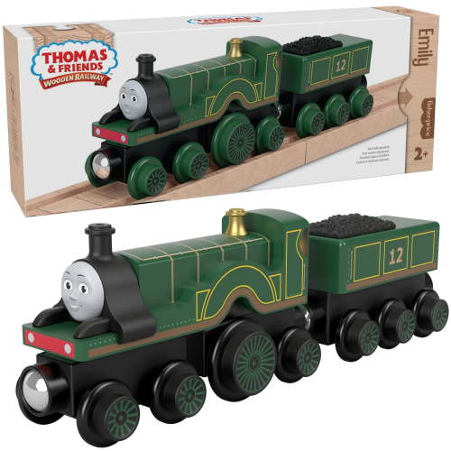 Thomas & Friends Fisher-Price Wooden Railway Emily Engine and Coal Car, Push-Along Train Made from sustainably sourced Wood for Kids 2 Years and up